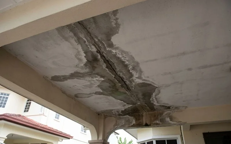 Water damage on car porch ceiling from leaks