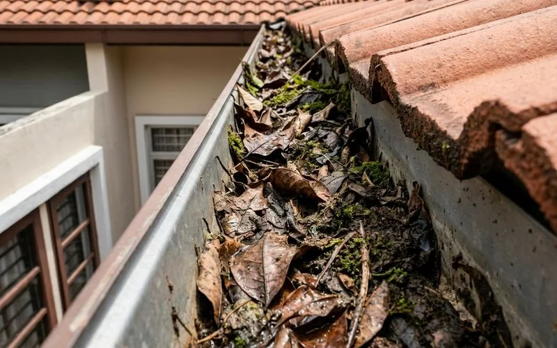 Clogged gutter filled with leaves and debris