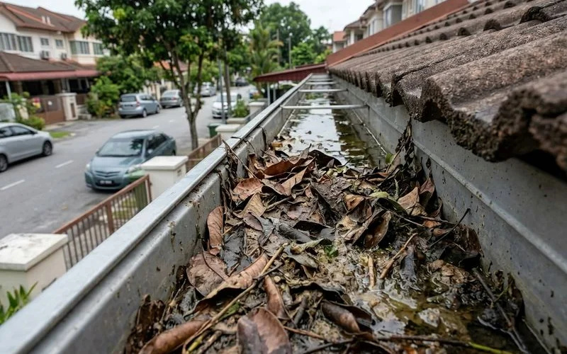Unprotected gutter filled with leaves