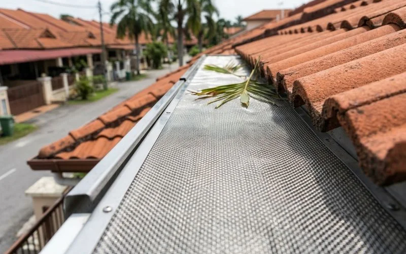 Mesh gutter guard installed on residential gutter