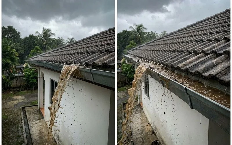 Gutter overflowing during heavy rain