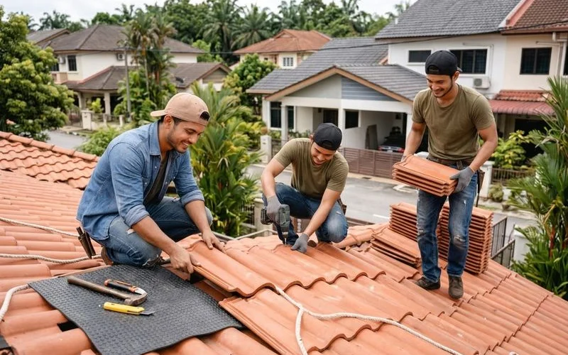 Professional roofing team working on site