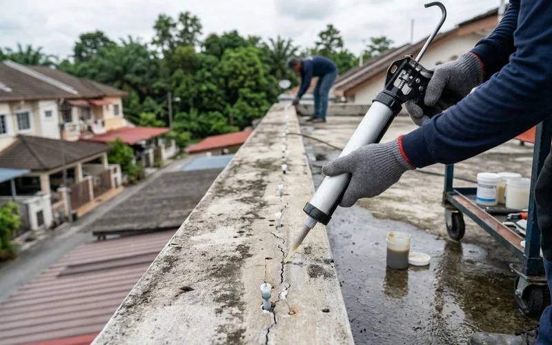 PU injection waterproofing being performed