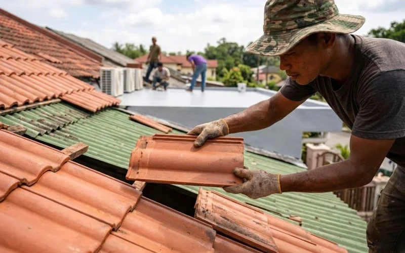 Close-up inspection of roof tiles