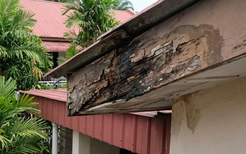Rotted fascia board caused by overflowing gutter