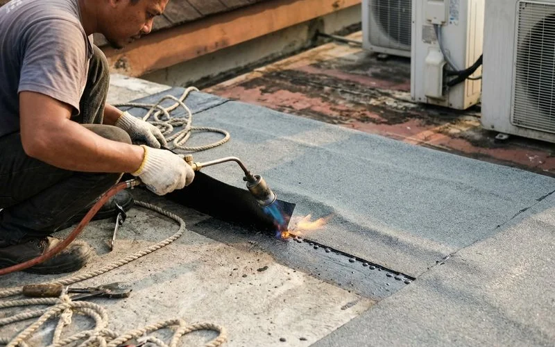 Torch-on membrane being applied to a flat roof