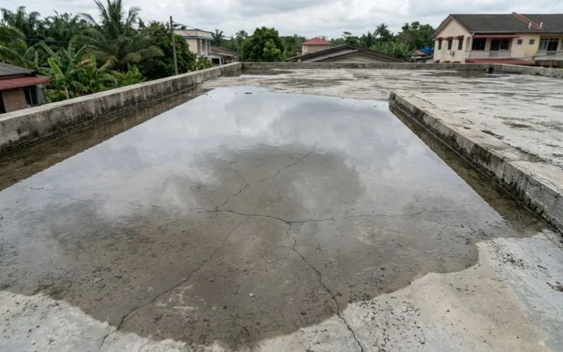 Water pooling on a flat roof surface