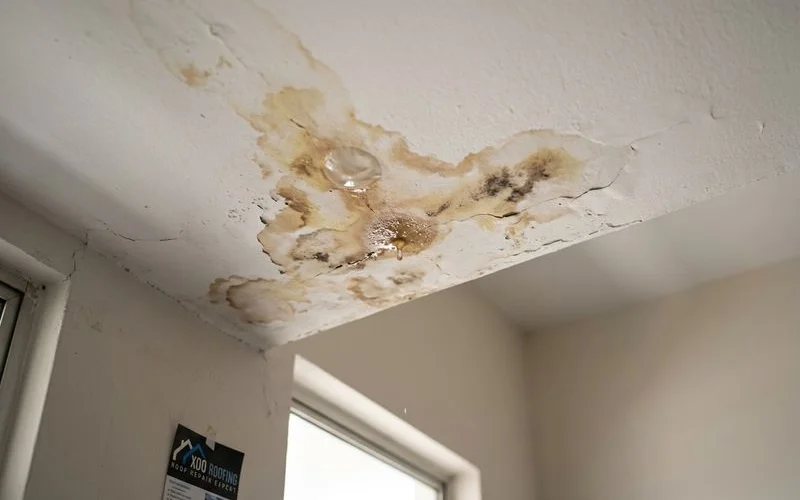 Water stains on ceiling indicating roof leak