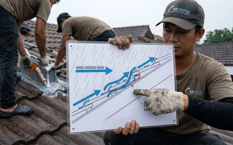 Wind-driven rain pushing water under roof tiles