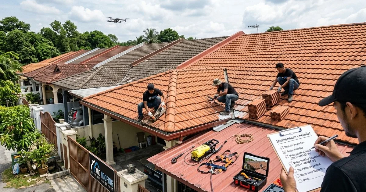 Roofing professional conducting annual maintenance inspection on a Malaysian home