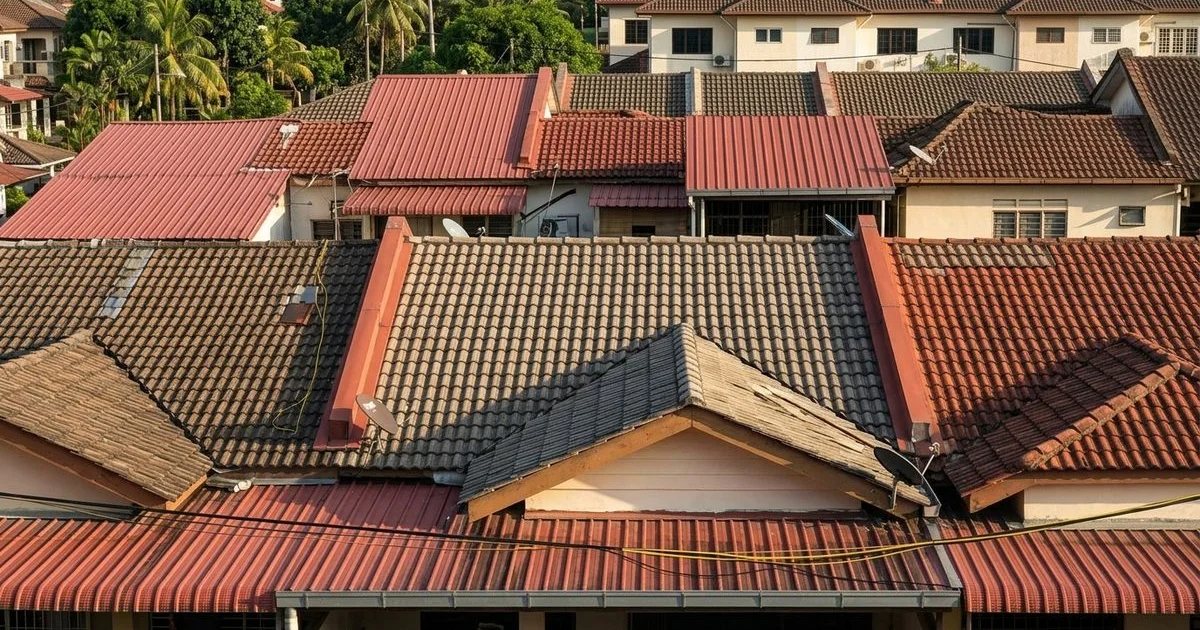 Various roofing material samples including concrete tiles, clay tiles, and metal roofing