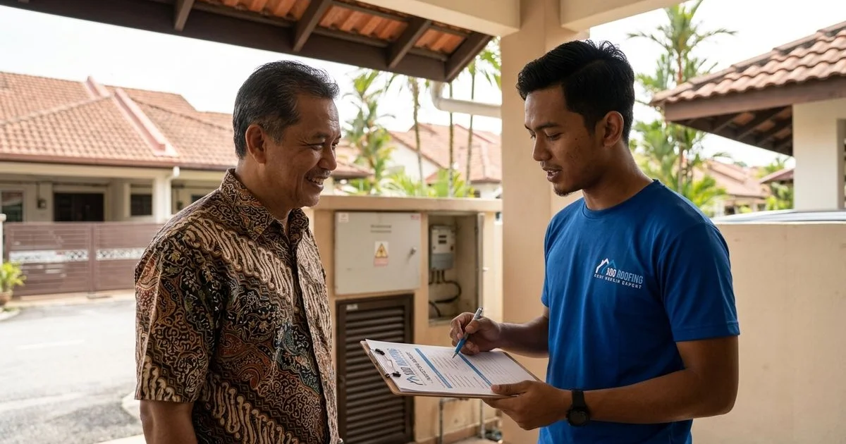Malaysian homeowner reviewing contractor credentials before hiring a roofer