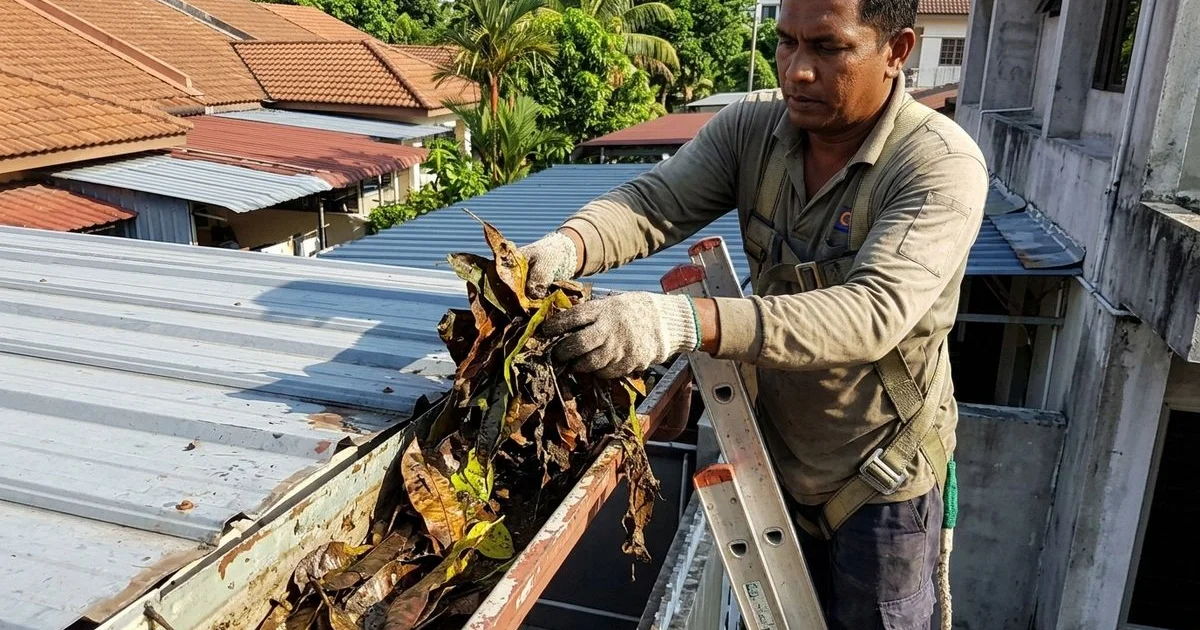 Cleaning gutters on a Malaysian residential home surrounded by tropical trees