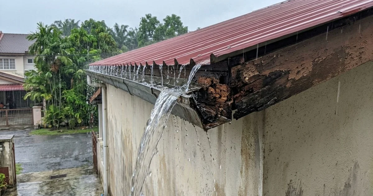 Overflowing clogged gutter causing water damage to roof edge and fascia board