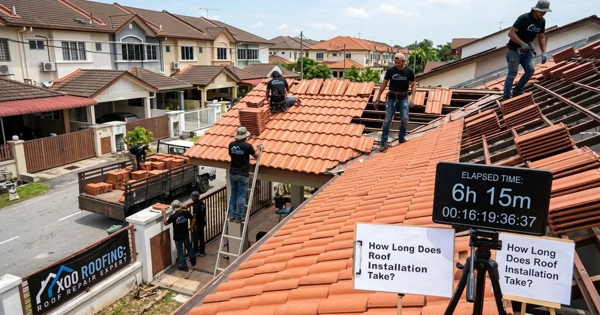 Roofing team installing new roof tiles on a residential property in Malaysia