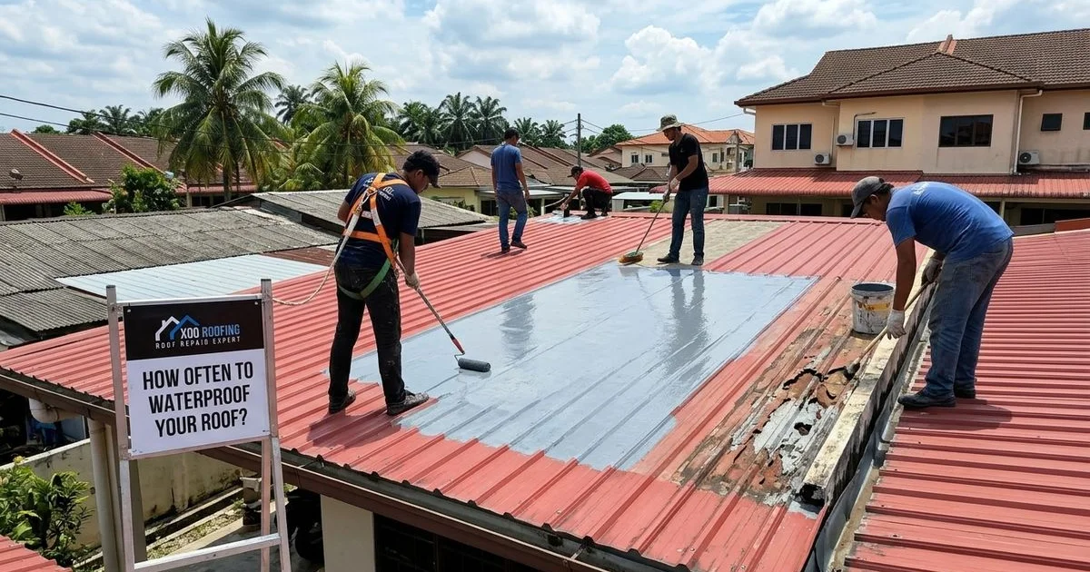 Professional applying waterproofing coating to a flat roof in Malaysia