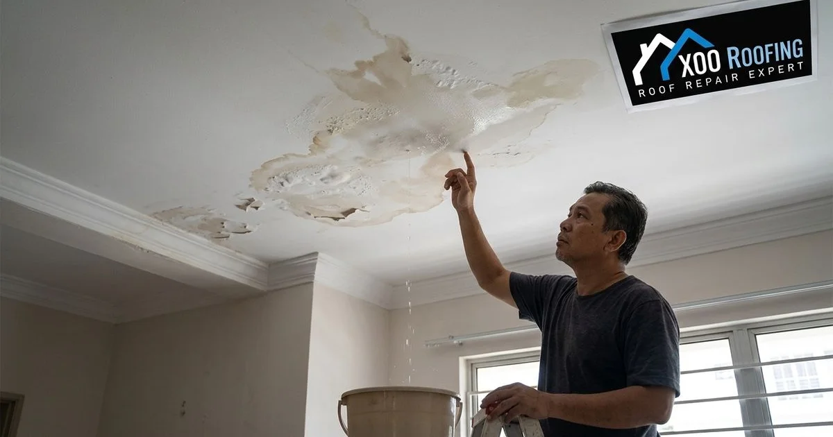 Roofing contractor inspecting a roof leak for cost estimation in Malaysia