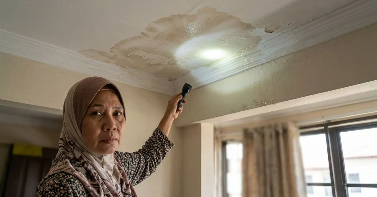 Heavy rain pouring on a residential roof in Malaysia during monsoon season